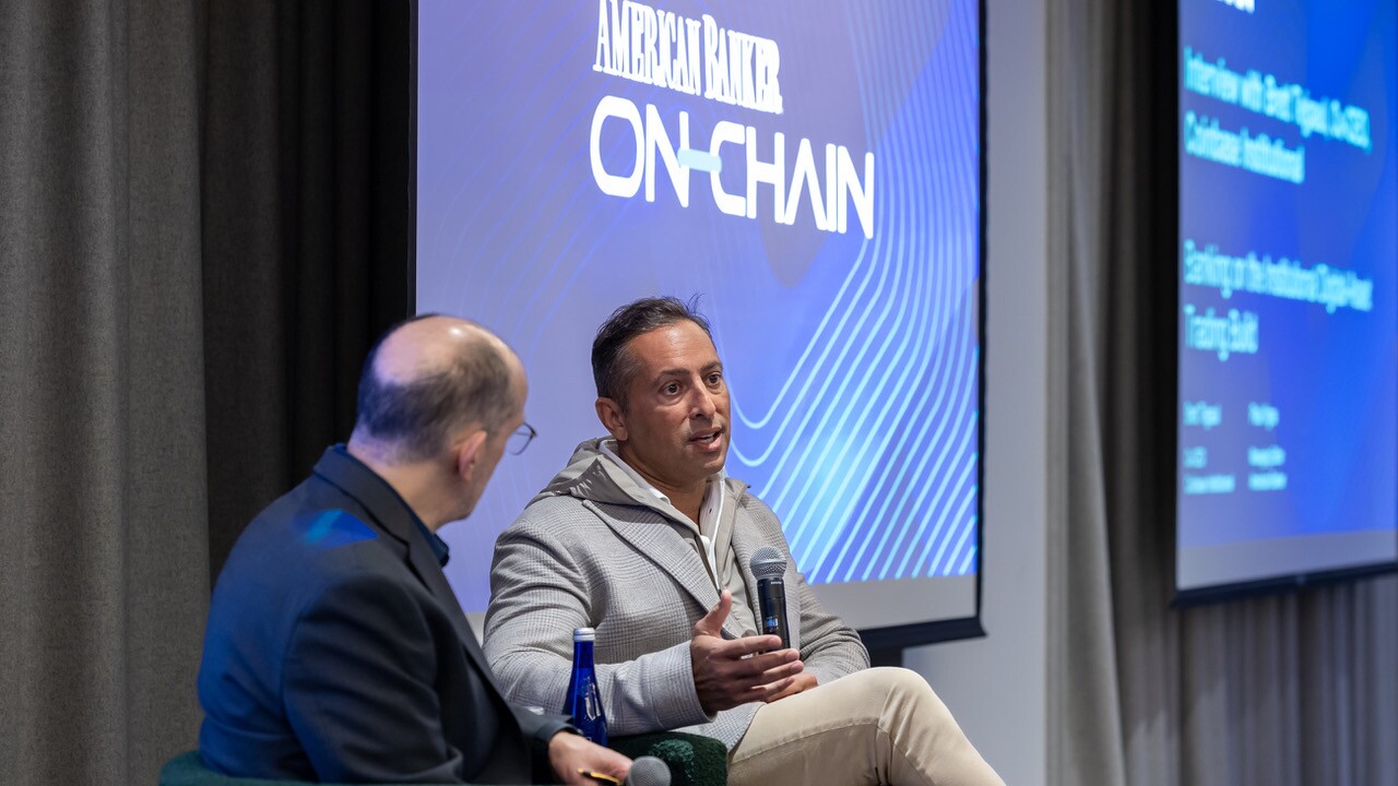 Paul Vigna and Brett Tejpaul at the On-Chain Executive Summit on March 19.