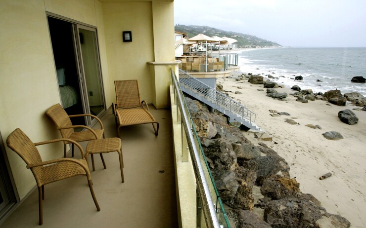 The Pacific Ocean can be seen from this balcony outside a room at the Malibu Beach Inn in Malibu, California.