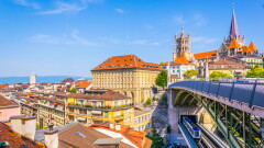 Lausanne gothic cathedral Behind Charles Bessieres bridge, Switzerland↵