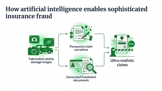 Infographic: How AI enables insurance fraud using fabricated images, persuasive narratives and fraudulent documents.