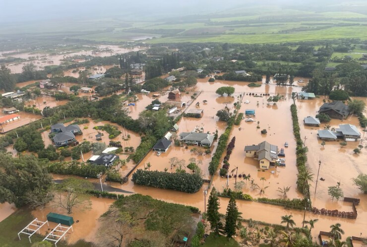 Aerial view of flooded land in Oahu, Hawaii