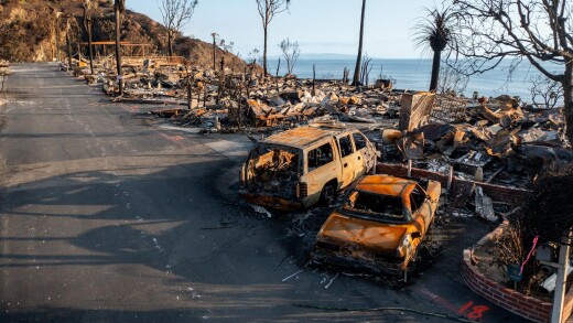 Cars and homes burned out by the Pacific Palisades fire, Pacific Ocean in the background