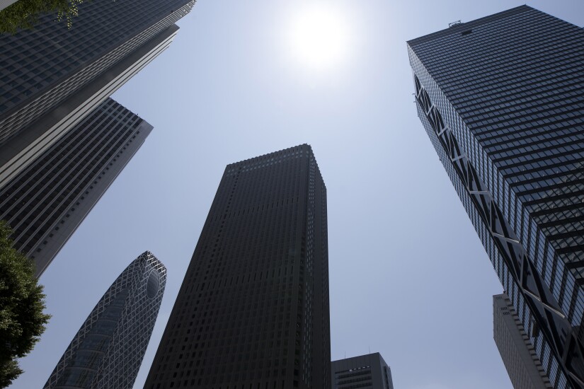 Commercial buildings in the central business district of Tokyo, Japan.