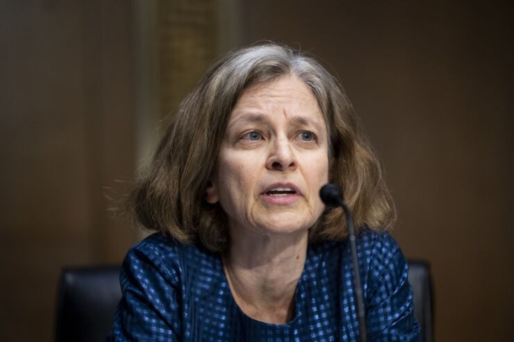 Sarah Bloom Raskin testifies at her Senate Banking Committee confirmation hearing on Jan. 3, 2022.