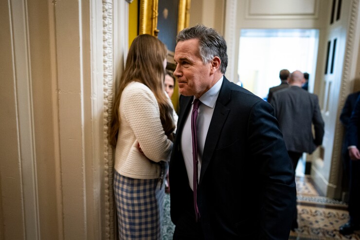 Senator Dave McCormick, a Republican from Pennsylvania, departs following the Senate Republican policy luncheon at the U.S. Capitol.