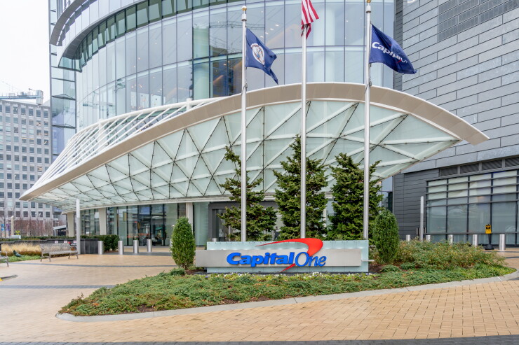 Capital One sign at Tysons Headquarters office building. Capital One Financial Corporation is an American bank holding company.
