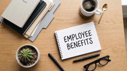Office desk with employee benefits notebook and supplies.