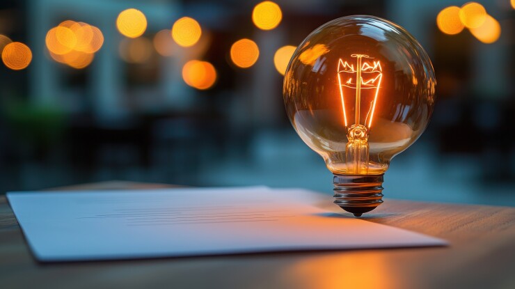 Lit light bulb on a table next to papers
