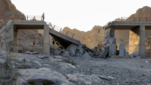A heavily-damaged bridge which was hit by an airstrike connecting Roudan and Bandar Abbas in Iran on July 18.