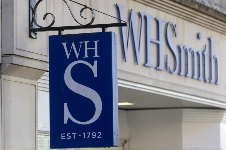 A sign outside a WH Smith Plc store in Guildford, U.K.