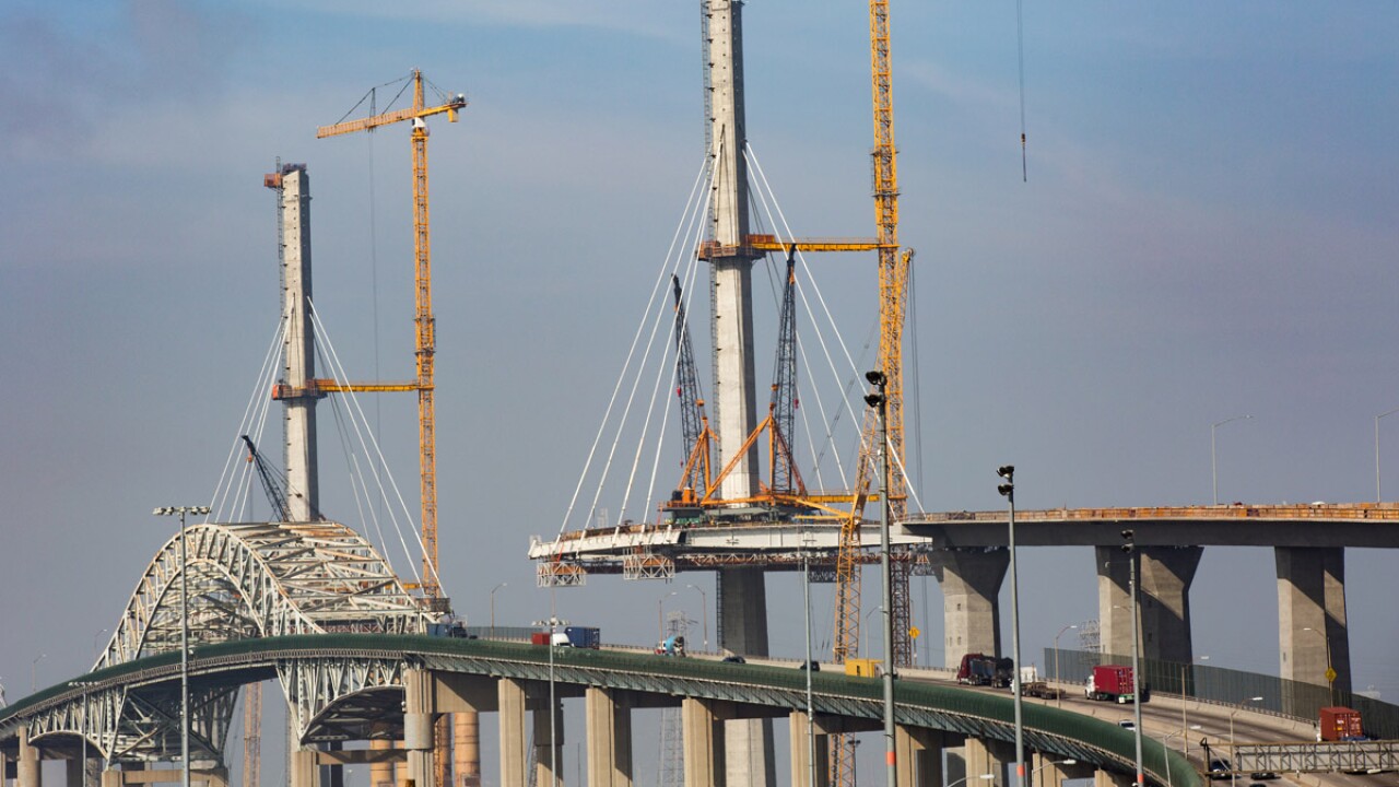 The new Gerald Desmond Bridge is being built alongside the existing bridge at the Port of Long Beach, California.