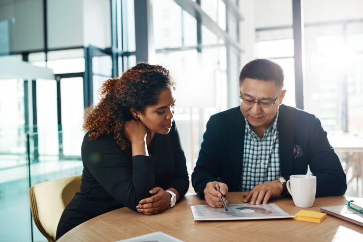Meeting, finance and planning of people manager with graphs, charts and analysis, teamwork and collaboration. Business documents, financial report and accounting senior person, boss and leadership.