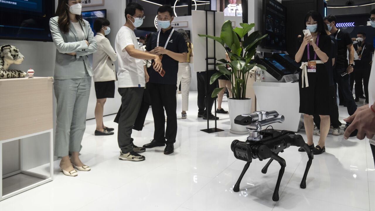 An Unitree Robotics Aliengo quadruped robot at Huawei Technologies Co.'s Ascend Computing division at the World Artificial Intelligence Conference (WAIC) in Shanghai, China, on Friday, Sept. 2, 2022. The conference runs through to Sept. 3. Photographer: Qilai Shen/Bloomberg