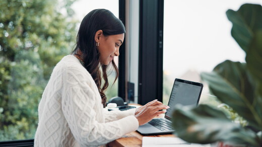Woman, email or remote work in home with laptop for HR support, payroll or benefits administration. Person, typing or review in house with computer for employee policy, management report or planning.