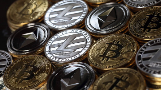 A collection of bitcoin, litecoin and ethereum tokens.