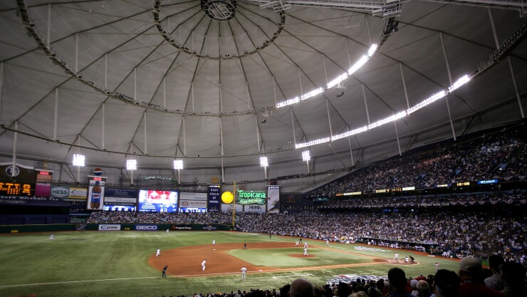 The Tampa Bay Rays play the field against the Philadelphia Phillies during game one of the Major League Baseball (MLB) World Series at Tropicana Field in St. Petersburg, Florida, U.S., on Wednesday, Oct. 22, 2008.