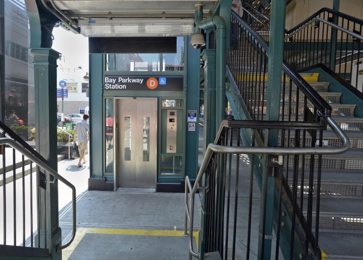 Rehabilitation of the New York Subway's Bay Parkway station in Brooklyn, completed in 2012, included elevators to make the station accessible to wheelchair users. Photo taken August 2, 2012.