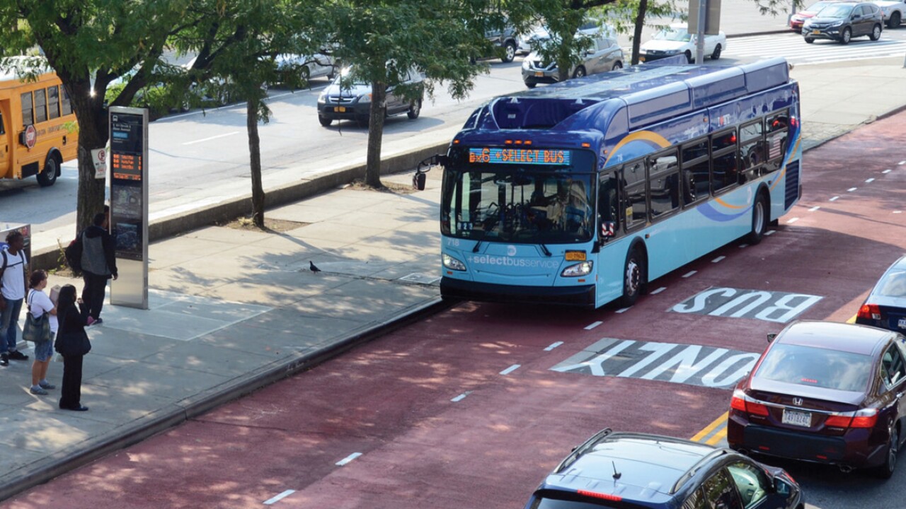 An MTA bus in a dedicated bus lane in New York City