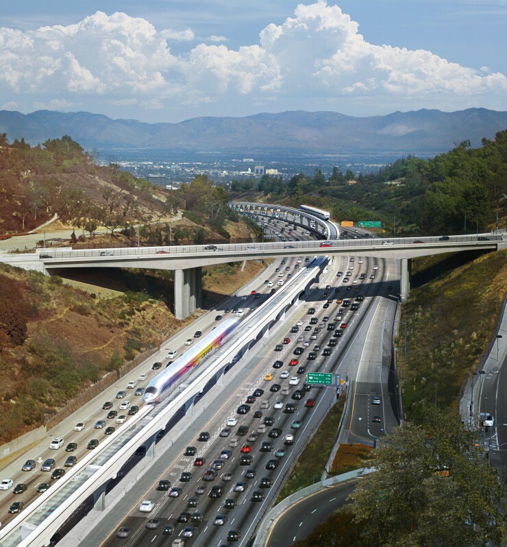 The rendering shows a monorail running along the median of I-405. LA SkyRail Express is developing three proposals, all of which feature a monorail.