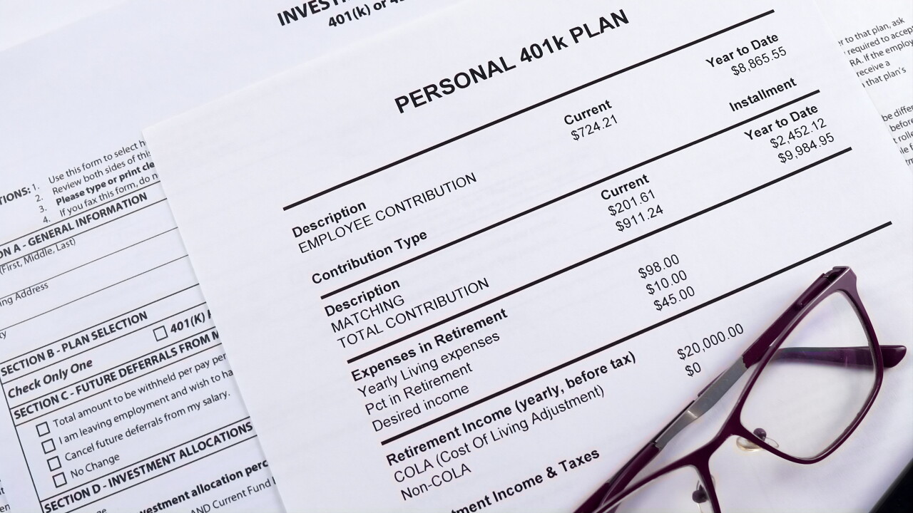 Pension savings. Glasses and pen are on the background Blank form Investment contract 401(k) or 457 plan, blank form Utah retirement system 401 k and Personal 401k plan.