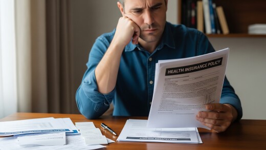 A man looks at papers titled, "Health Insurance Policy."