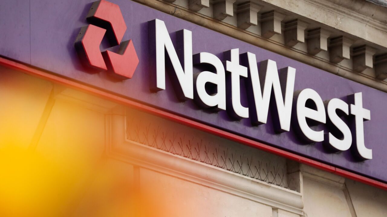 A NatWest logo sits on a bank branch in London on July 27, 2020.
