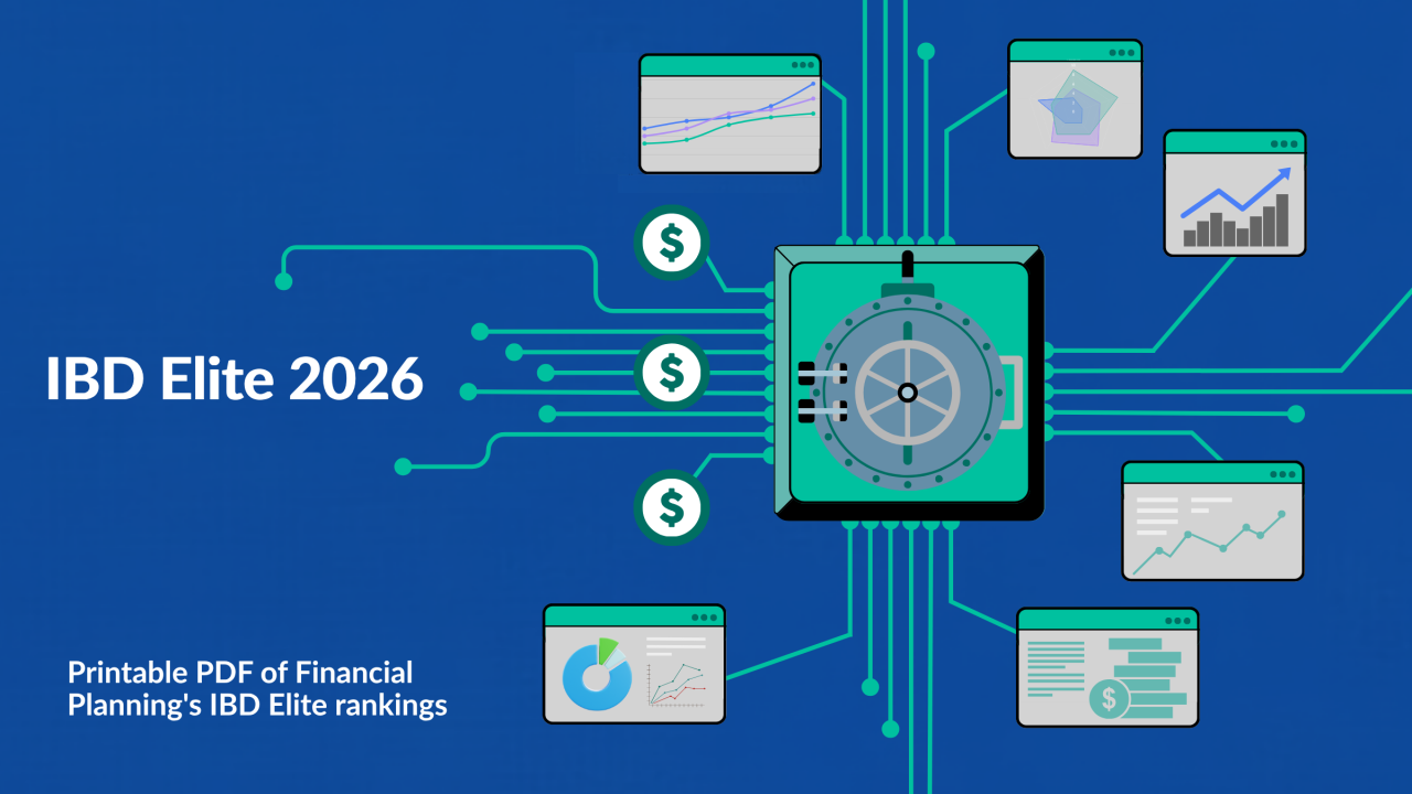 An illustrated image with a blue background and the title for Financial Planning's IBD Elite 2026, including the label, "Printable PDF of Financial Planning's IBD Elite rankings," shows money signs and computer or app screens that display wealth management clearing and custody strategies.