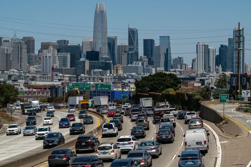 Traffic on highway 101 in San Francisco, California, US, on Thursday, June 29, 2023. More than 43 million motorists will drive 50 miles or more from their homes this Independence Day weekend, according to a forecast from AAA. Photographer: David Paul Morris/Bloomberg