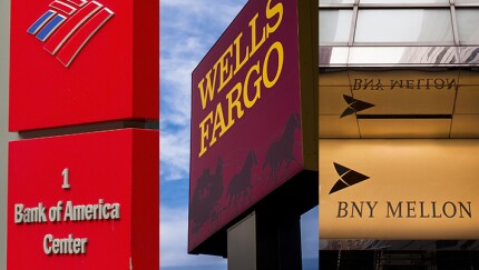 Composite image of signage for Bank of America, Wells Fargo and Bank of New York Mellon.