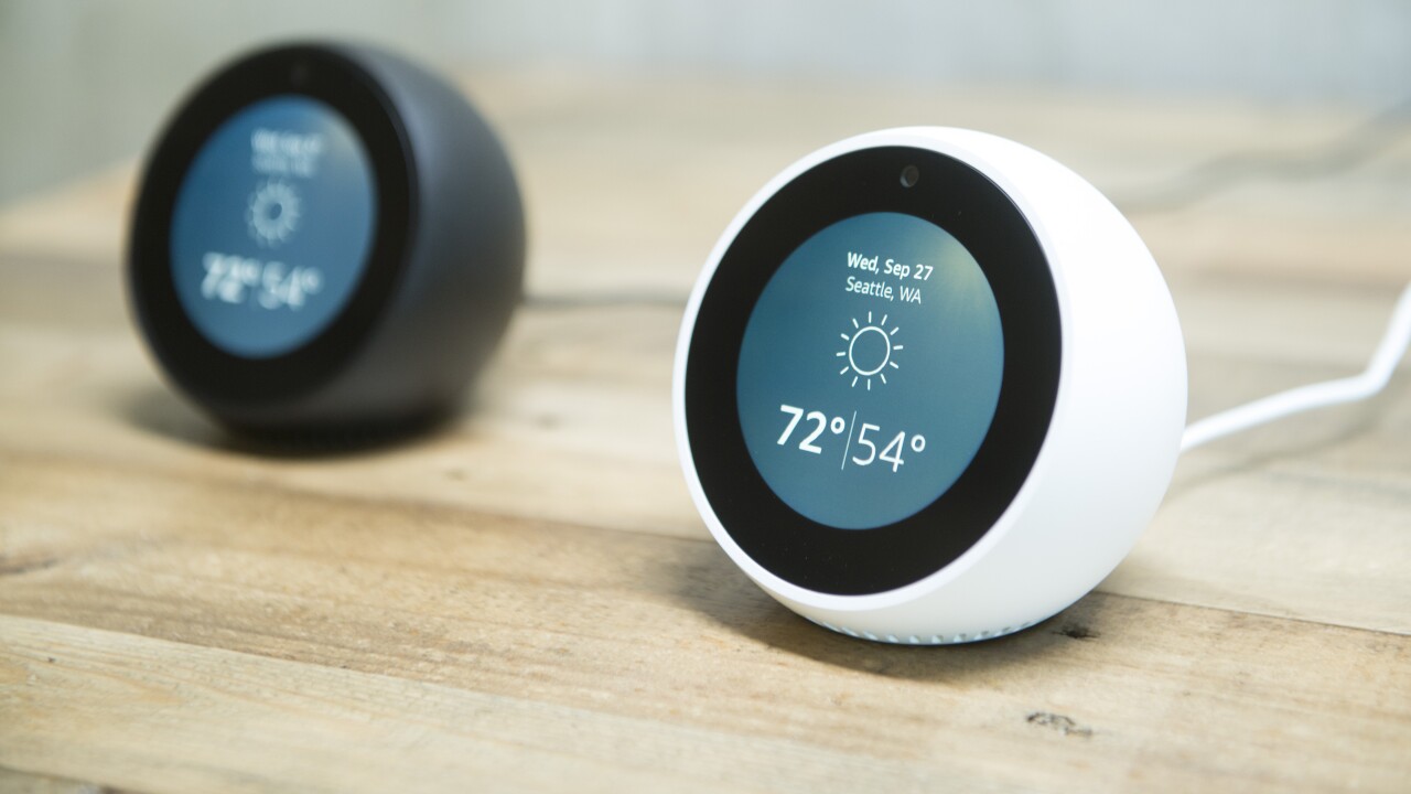 Amazon Echo Spot devices sit on display during the company's product reveal launch event in downtown Seattle in September.
