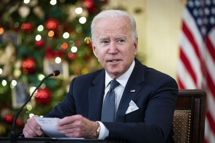 U.S. President Joe Biden speaks while meeting with members of the White House Covid-19 Response Team on the Omicron variant in the State Dining Room of the White House in Washington, D.C., U.S., on Thursday, Dec. 9, 2021. Covid-19 hospital admissions are rising quickly in many parts of the eastern U.S., including New Jersey and Connecticut, two weeks after U.S. residents gathered for the Thanksgiving holiday. Photographer: Al Drago/Bloomberg