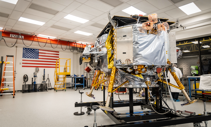 The firm Astrobotic's assembled Perigrine moon lander is shown in Pittsburgh.