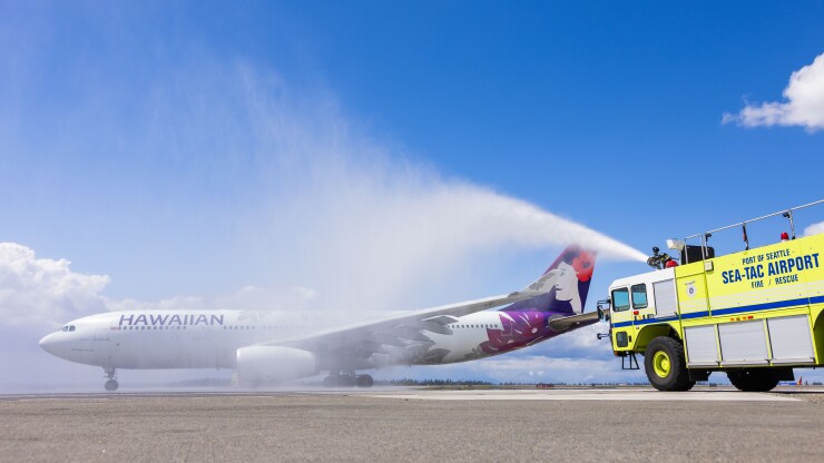 Water cannon salute of Hawaiian Airlines jet in Seattle