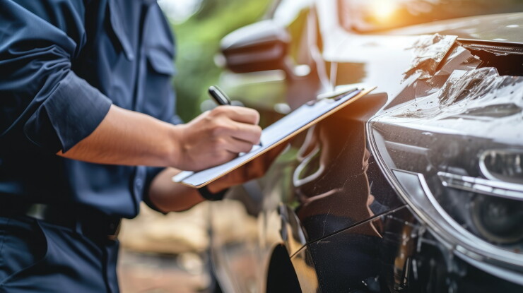 Insurance adjuster taking notes about a damaged car.