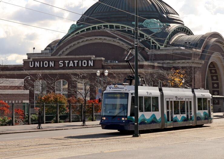 A Central Puget Sound Regional Transit Authority light rail train in Tacoma, Washington.