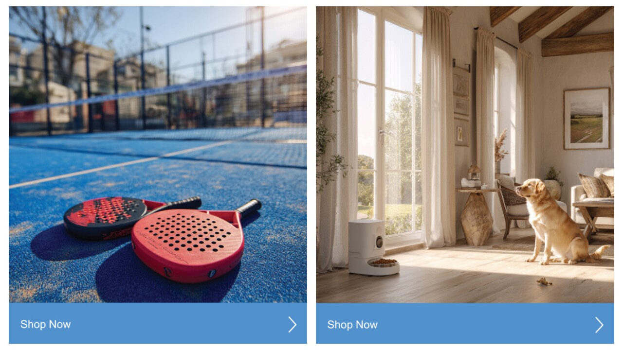 AI-generated images of padel bats and a fake dog feeder