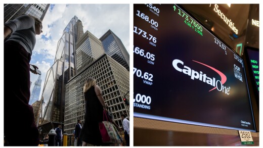 JPMorganChase's headquarters; Capital One logo on a NYSE monitor