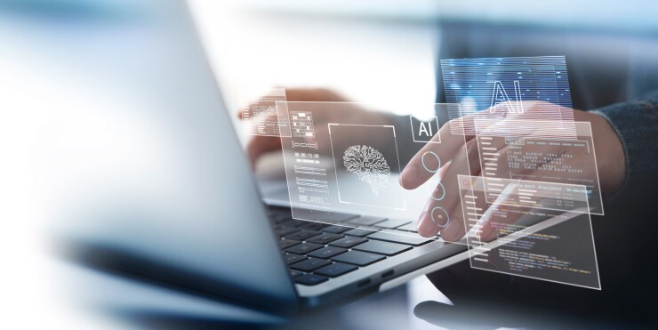 AI Artificial Intelligence. Business man using AI technology for data analysis, coding computer language with digital brain, machine learning on virtual screen, business intelligence.