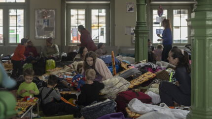 Women and children fleeing Ukraine gather in Przemysl train station on March 2, 2022.