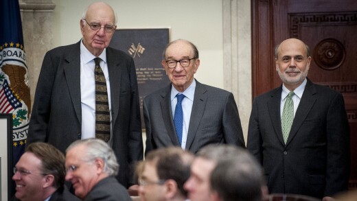 A picture of former Federal Reserve chairmen Paul Volcker, Alan Greenspan, and Ben Bernanke.