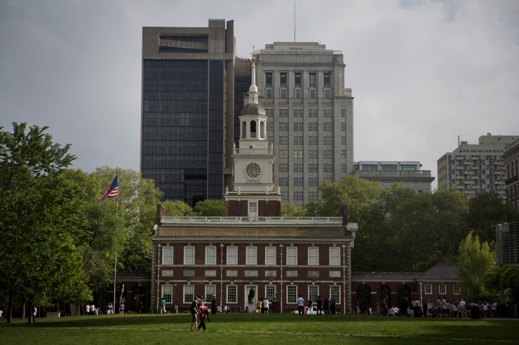 Independence Hall stands in Philadelphia, Pennsylvania, U.S., on Saturday, May 9, 2015. It is NOT the city hall, but it's too late to change the file name.