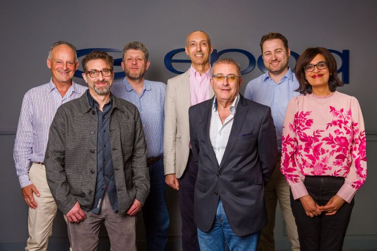 Group photo of Epoq company directors and senior managers. From left to right: Michael Symons, chief executive officer; Graham Cohen, founder and CEO; Paul Collins, chief technical officer; Hillel Horwitz, chief operations officer and CFO; Richard Cohen, executive chairman and head of partnerships; Alex Cotham, global head of content; Mandip Sangheram legal advice and review center manager.
