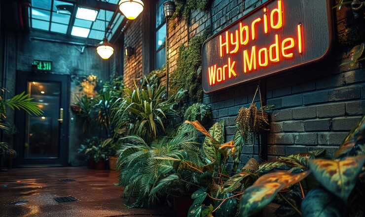 Plants surrounding an illuminated sign that reads Hybrid Work Model
