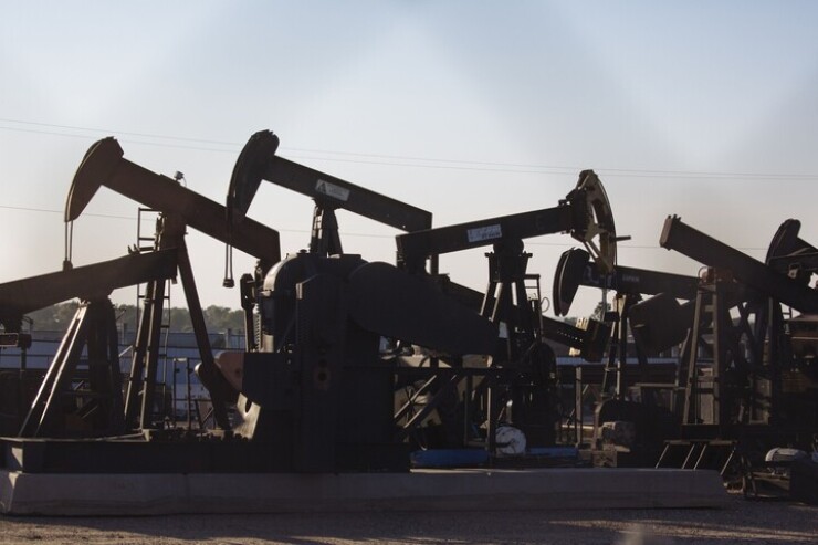 Oil pump jacks in Guymon, Oklahoma.