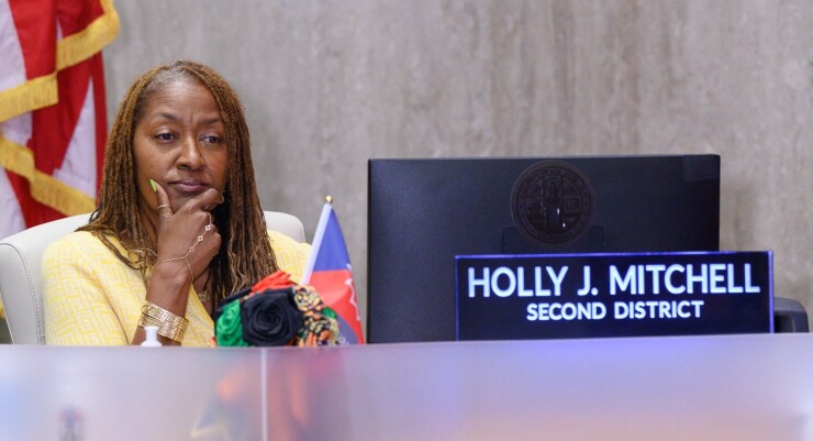 Los Angeles County Supervisor Holly Mitchell at a board meeting in 2025.