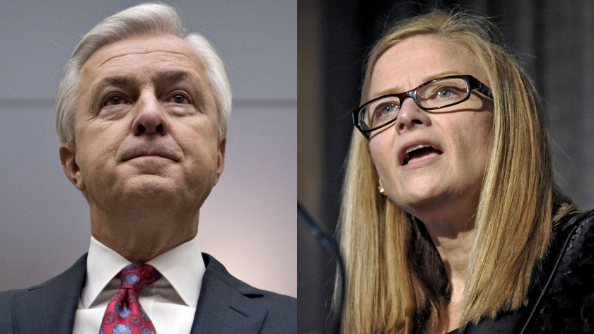 Former Wells Fargo CEO John Stumpf, left, agreed to a lifetime ban from the banking industry earlier this year. Carrie Tolstedt, the former head of community banking, faces a $25 million fine from regulators. 