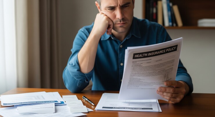 A man looks at papers titled, "Health Insurance Policy."