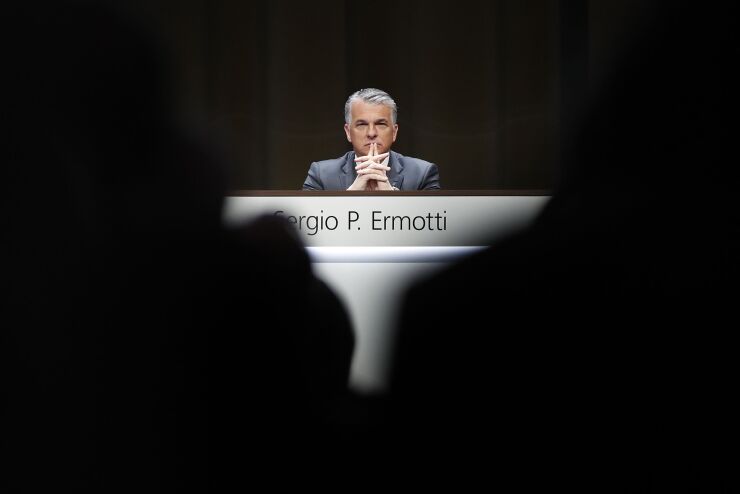 UBS CEO Sergio Ermotti gestures during the bank's annual general meeting in Basel, Switzerland, on May 2, 2019.