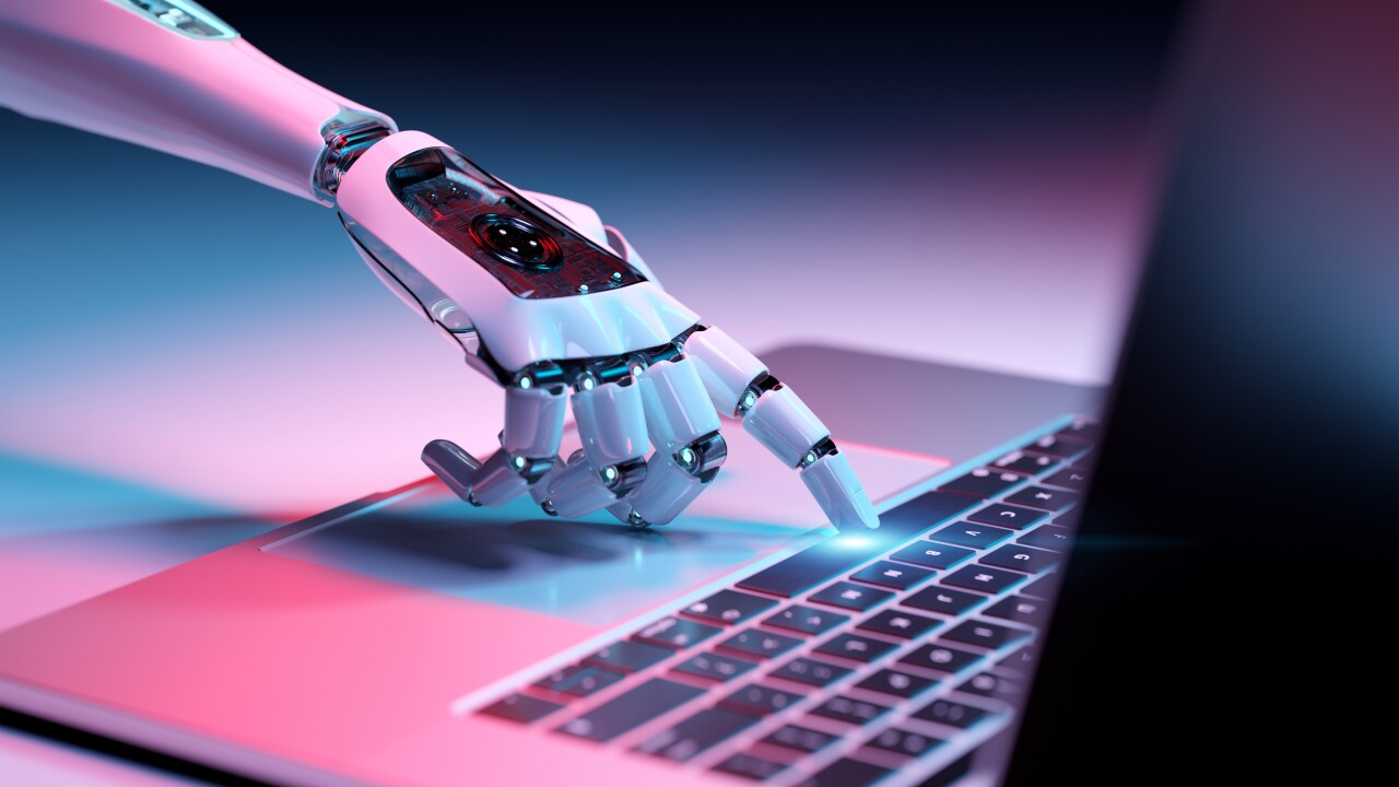 Robotic hand pressing a keyboard on a laptop 3D rendering ai