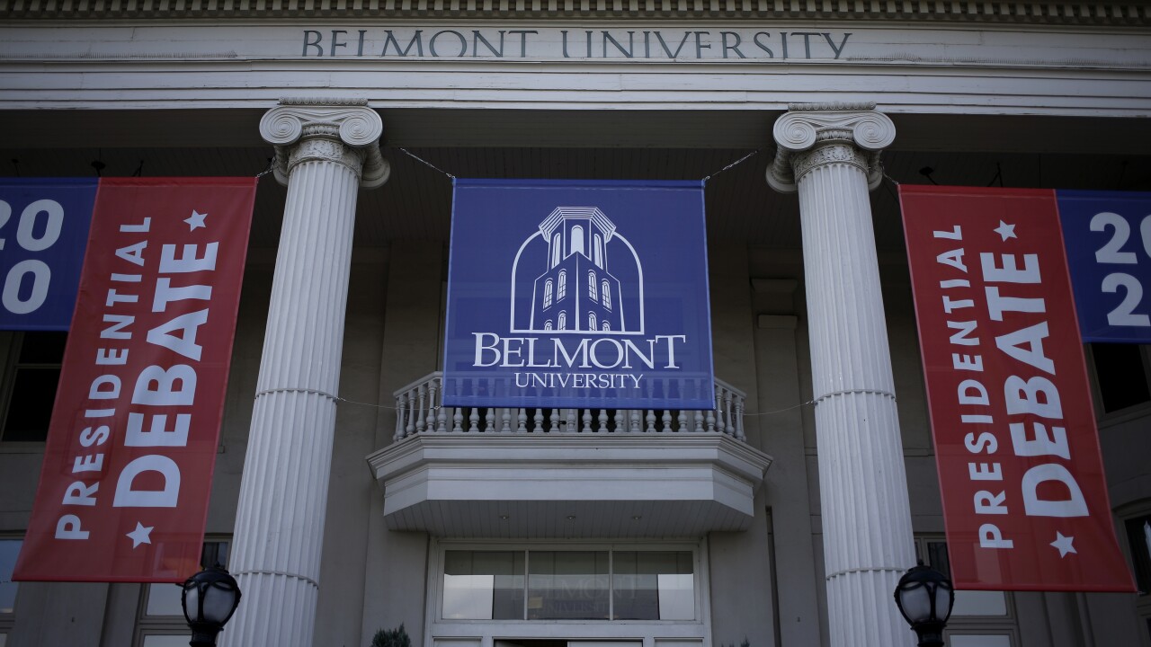 Belmont University building with presidential debate signs